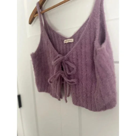 LA Hearts Purple Fuzzy Knit Tie Front Crop Top Ribbed Eyelash Sweater Tank Small - Picture 2 of 5